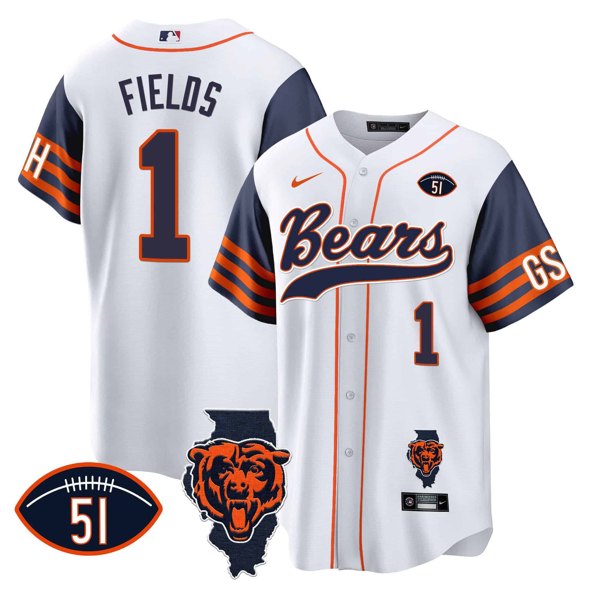 Men Chicago Bears 1 Fields White 2024 Nike Patch Baseball NFL Jersey style 1